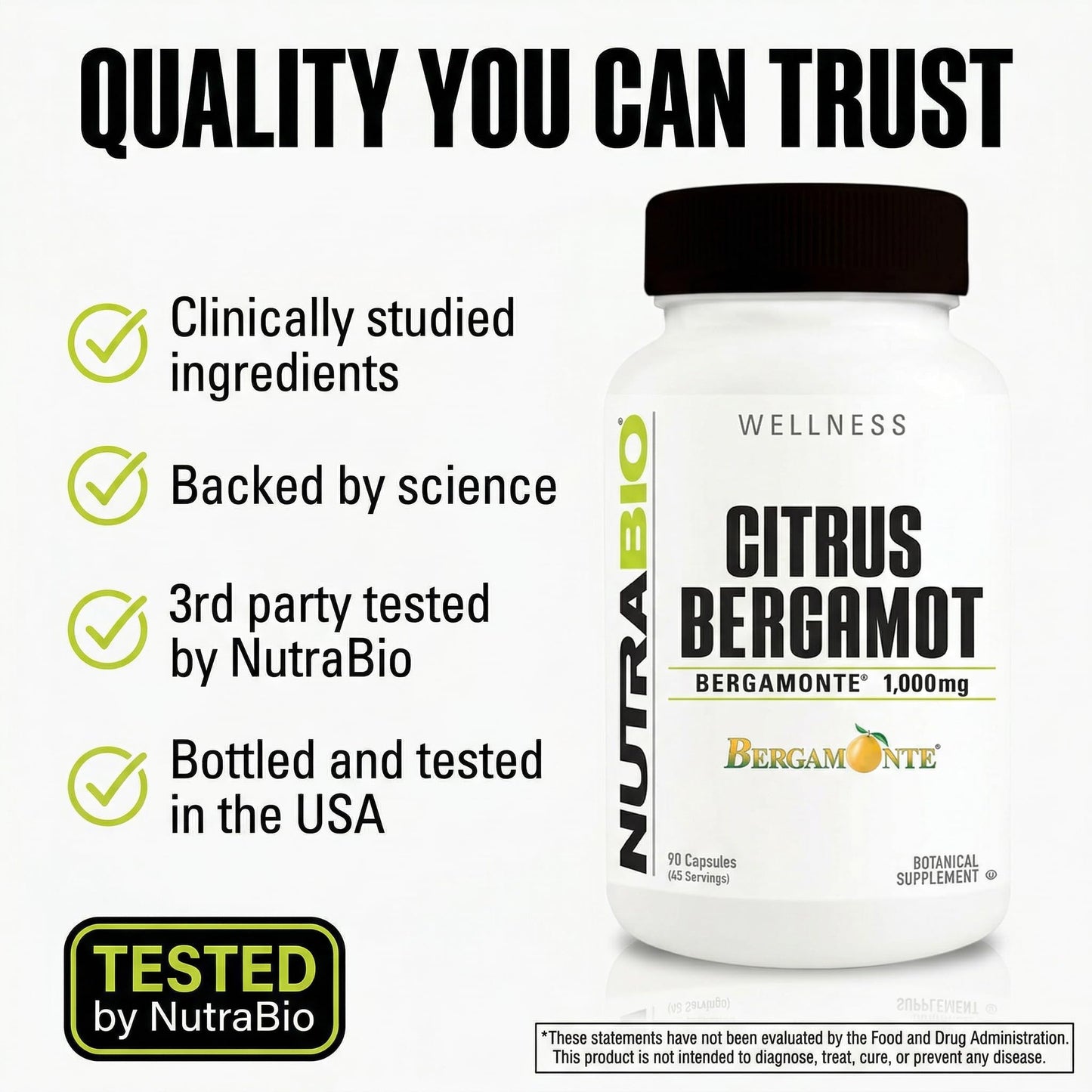 NutraBio Citrus Bergamot Bergamonte Extract Capsules 90 Count