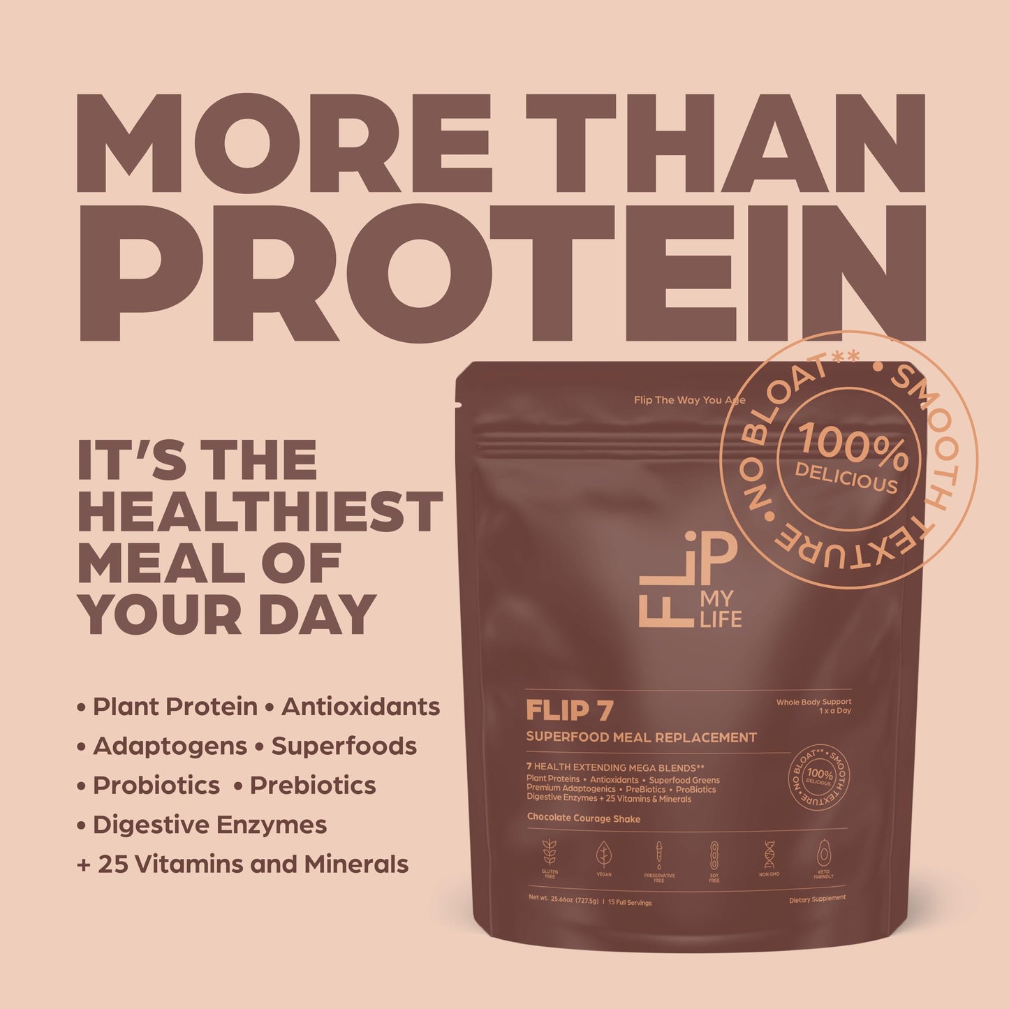 Flip My Life Flip 7 Natural SuperFood Plant-Based Protein Powder Complete Meal Replacement to Support Healthy Gut, 7 Mega Nutrient Rich Blends, Chocolate, 25.6 oz