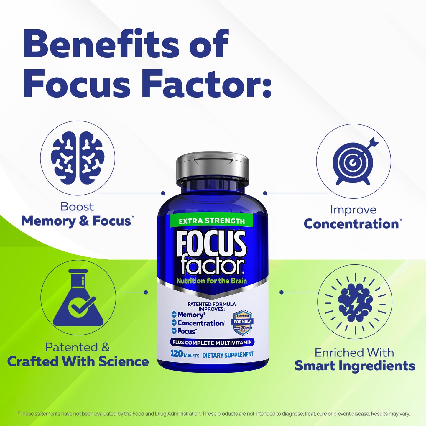 Focus Factor Adults Extra Strength Brain Health Multivitamin with DMAE, Vitamin D, DHA Tablets, 120 Count
