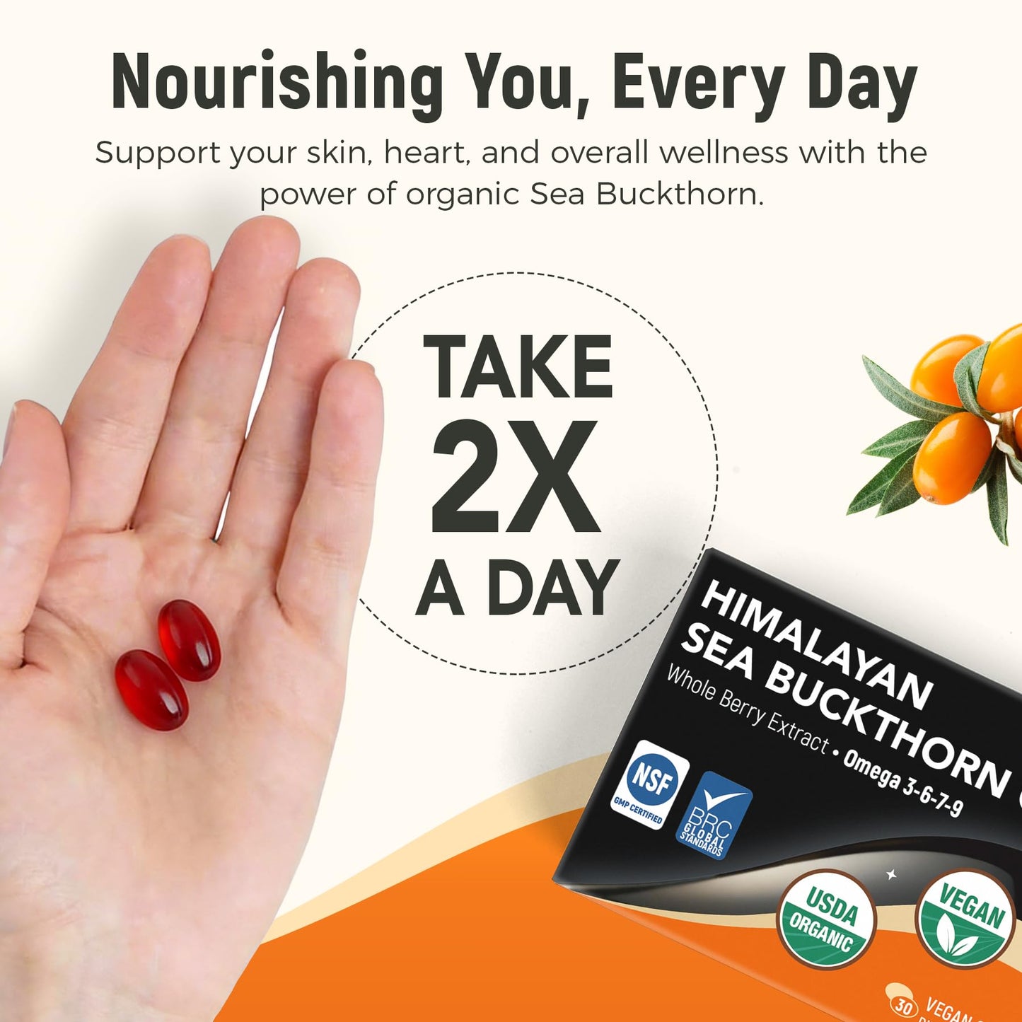 Laicuherb Sea Buckthorn Oil Capsules for Skin, Immune & Hair, 1000mg per Serving, Omega 7-3-6-9, 30 Capsules