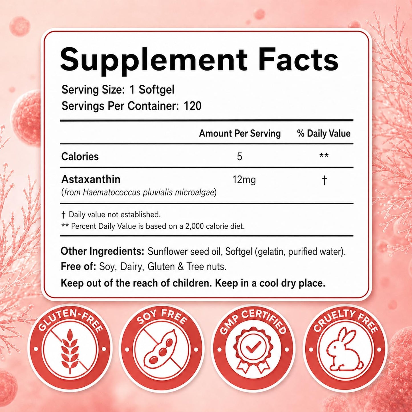 isLandear Astaxanthin 12mg Supplements for Skin, Eyes & Immune Health Softgel, 120 Softgels