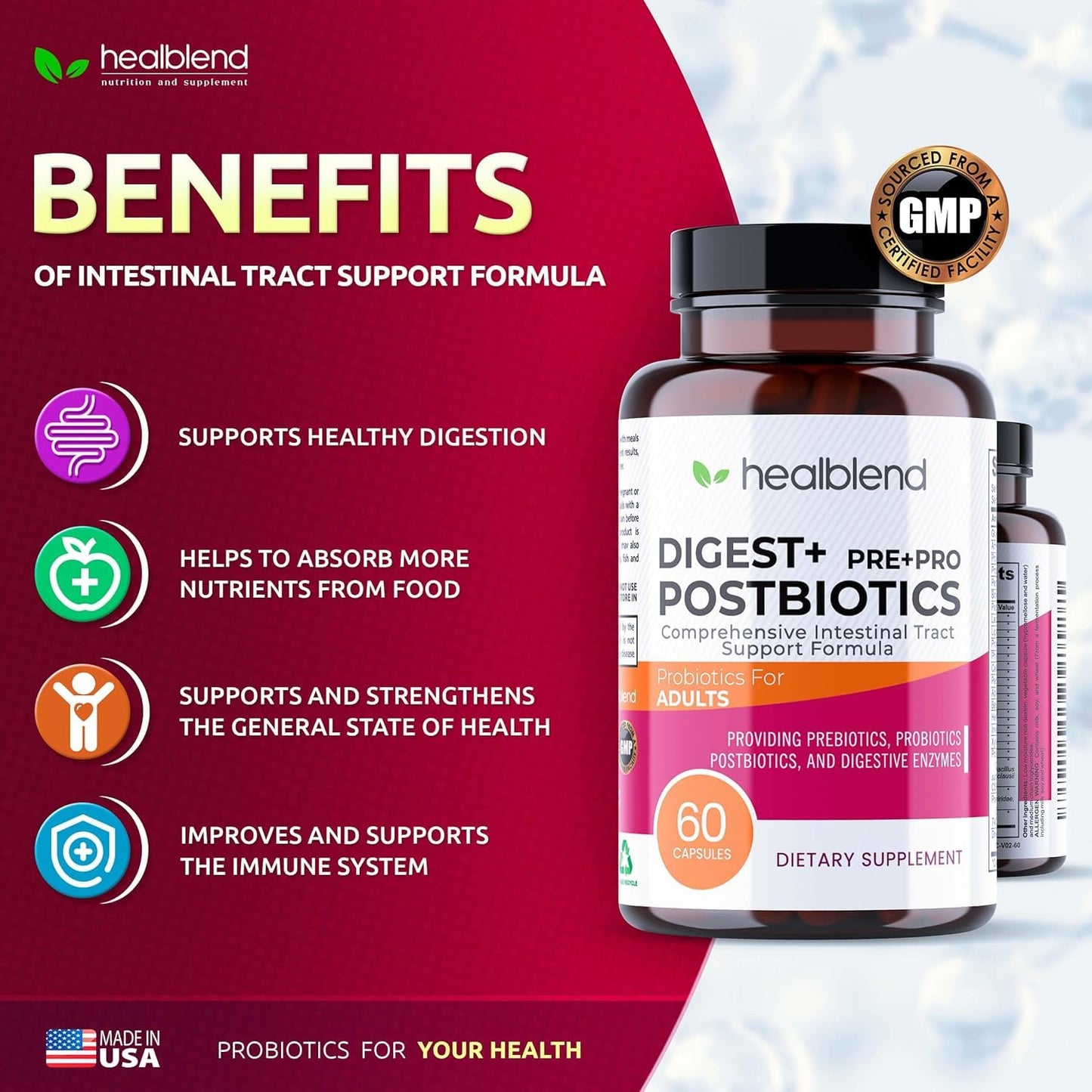 Healblend Digest + Postbiotics Supplement for Women and Men, Multi Enzymes, Organic Prebiotic & Probiotic for Digestive Health with Bromeline, Papin and Lipase Capsules, 60 Count