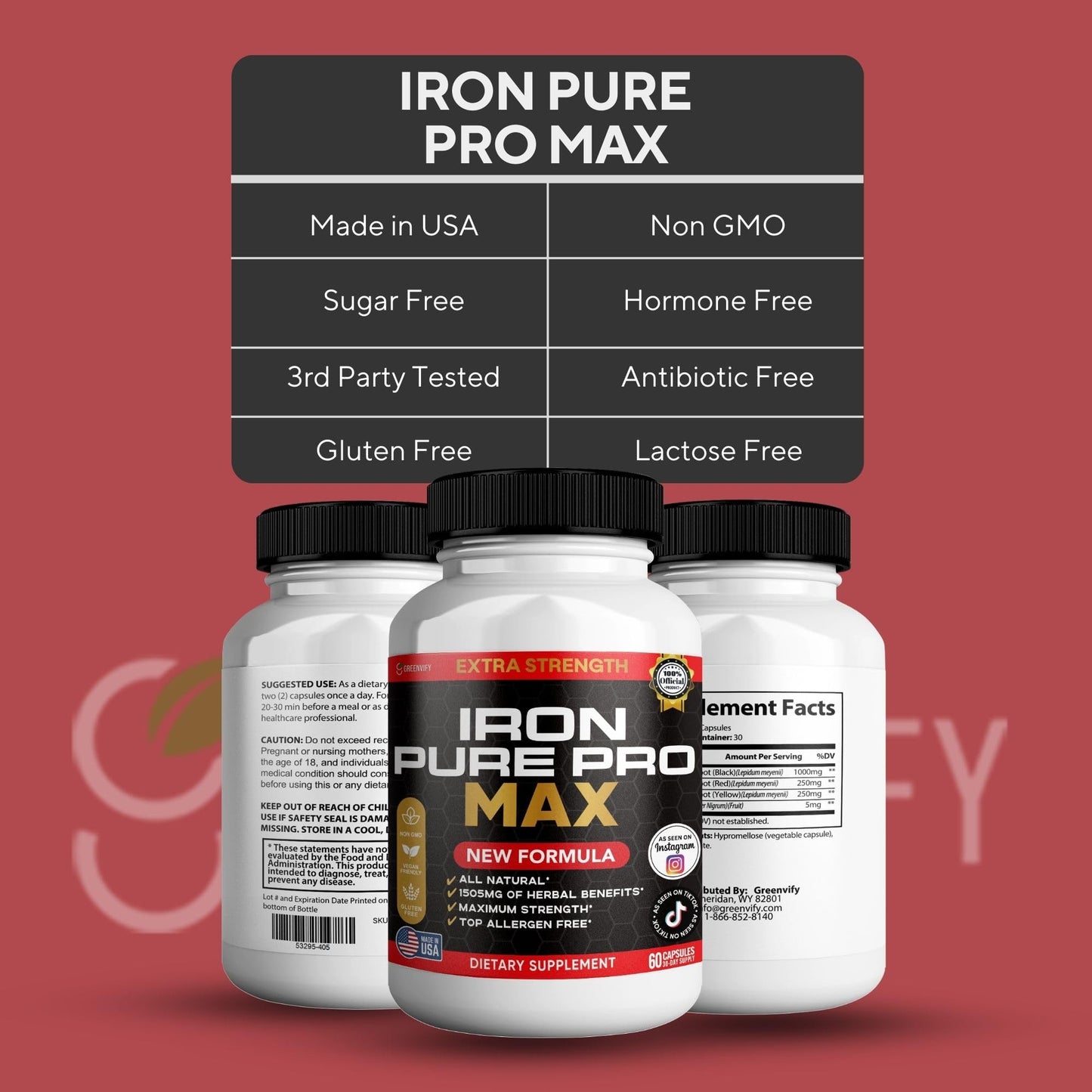 GREENVIFY Iron Pure Pro Max Organic Maca Root Blend Capsules, 60 Count
