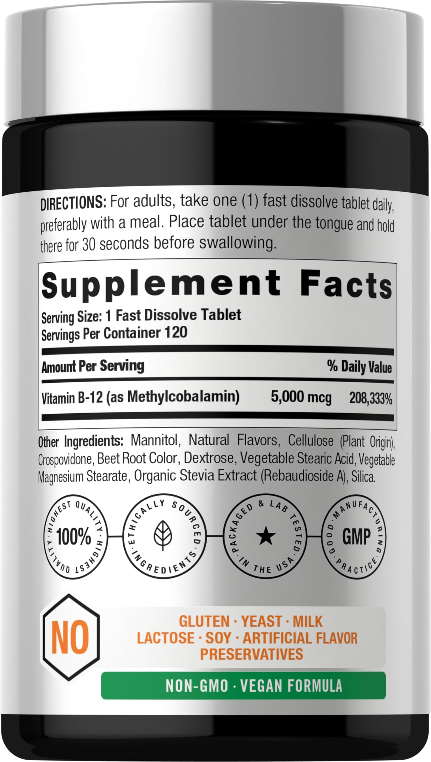 Horbäach B12 Vitamin 5000 mcg Fast Dissolve Tablets, 120 Tablets
