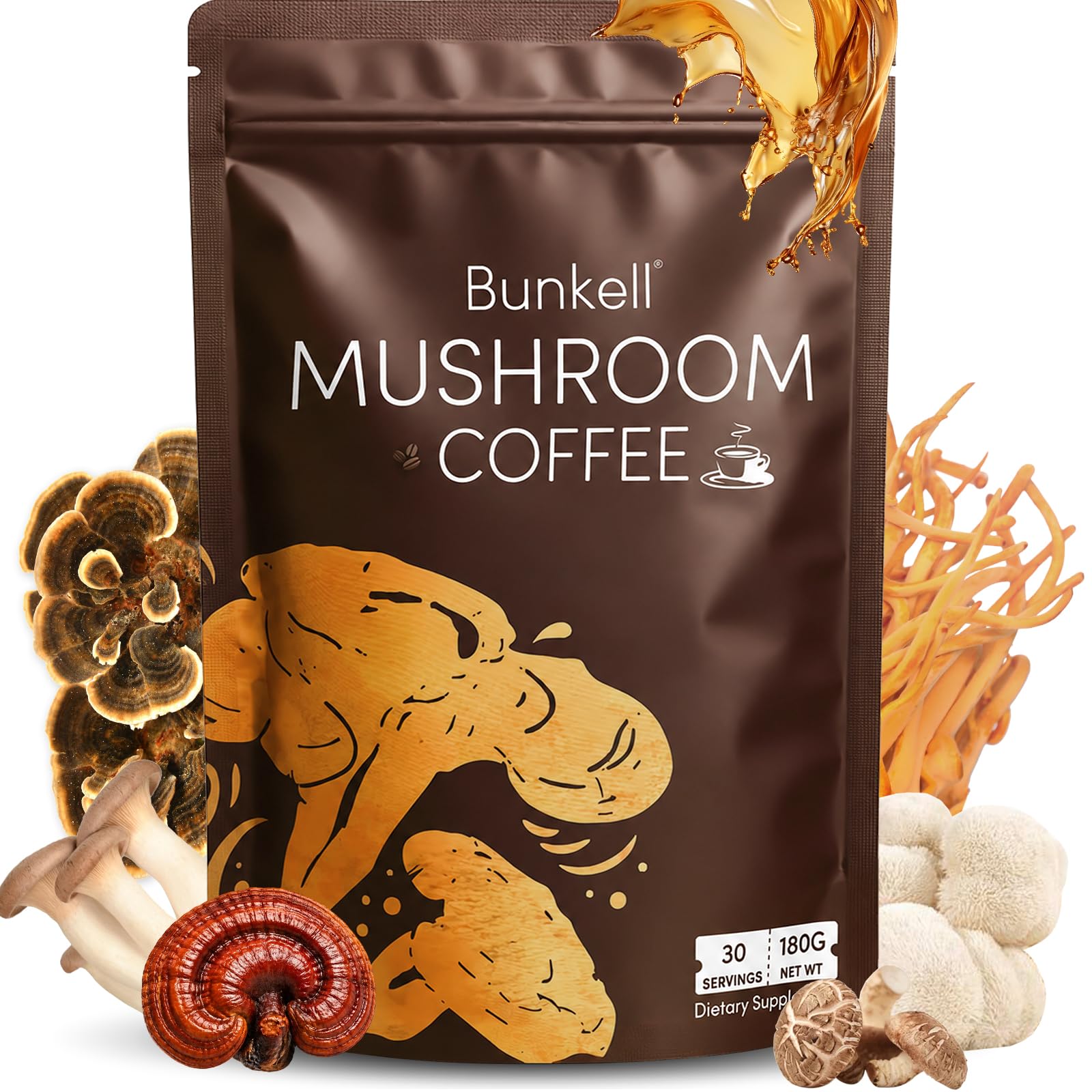 Bunkell Mushroom Coffee Powder with 6 Adaptogenic Mushrooms (Lion's Mane, Reishi, Cordyceps, Shiitake, King Trumpet & Turkey Tail) 6.35 Ounce