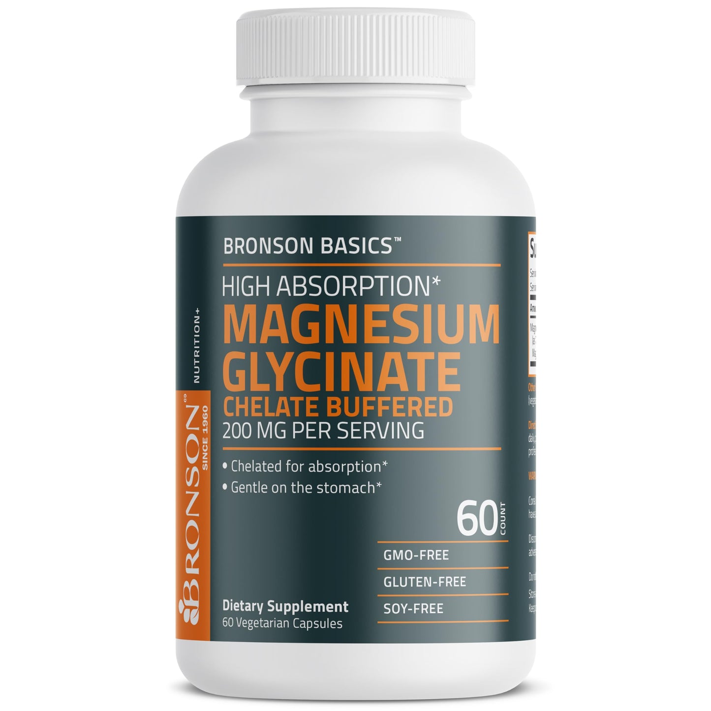 Bronson Magnesium Glycinate 200mg High Absorption Chelated Buffered Gentle On The Stomach Non-GMO, 60 Capsules
