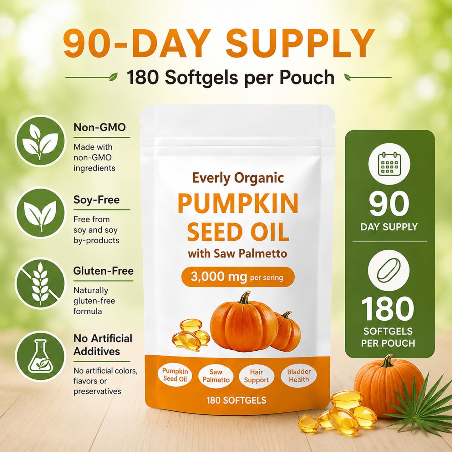 Everly Organic Pumpkin Seed Oil with Saw Palmetto Softgels 180