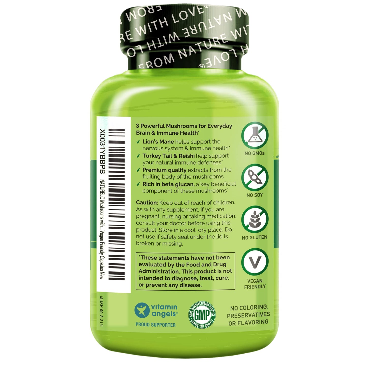 NATURELO Mushroom Supplement – Brain & Immune Health Blend with Lion’s Mane, Reishi, Turkey Tail, 180 Capsules
