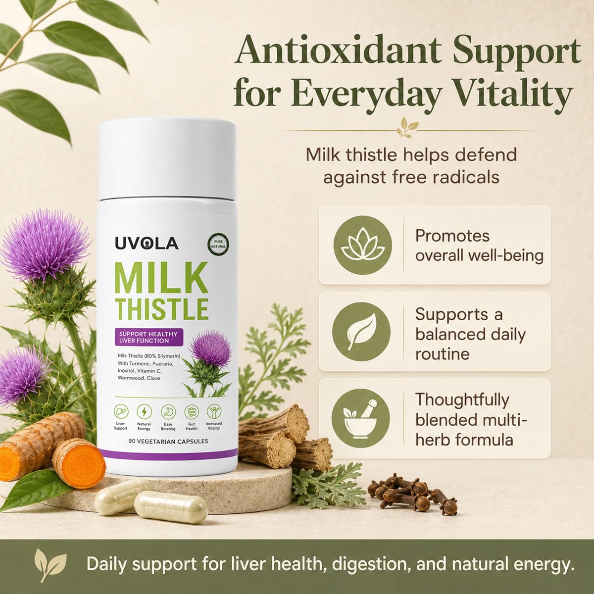 Vuiea Natural Milk Thistle Supplement 80% Silymarin Capsule, 90 Count