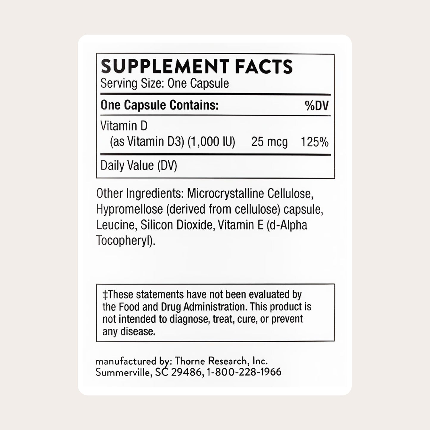 THORNE Vitamin D-1,000 D3 Capsule, 180 Count