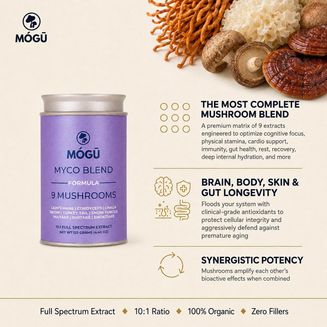 MÓGU MUSHROOMS Mogu Myco Blend 9 Organic Mushroom Formula Powder 10:1 Full-Spectrum Dual Extract, Mushroom Extract Powder for Immune Support and Adaptogenic Balance, 4.4 oz