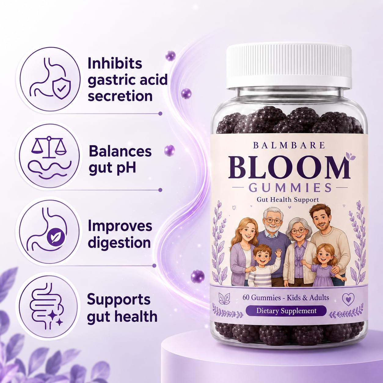 GBQMGS BALMBARE Bloom Gummies with Elderberry & Probiotics, Promote Gut Acid-Base Balance, Support Gut Health, Berry Flavor, Non-GMO, Gluten Free 60 Gummies