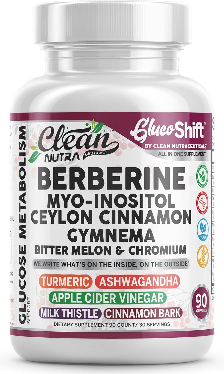 Clean Nutraceuticals Berberine Supplement with Myo-Inositol, Ceylon Cinnamon, Gymnema, Bitter Melon & Chromium Complex, Vegan Capsules, 90 Count