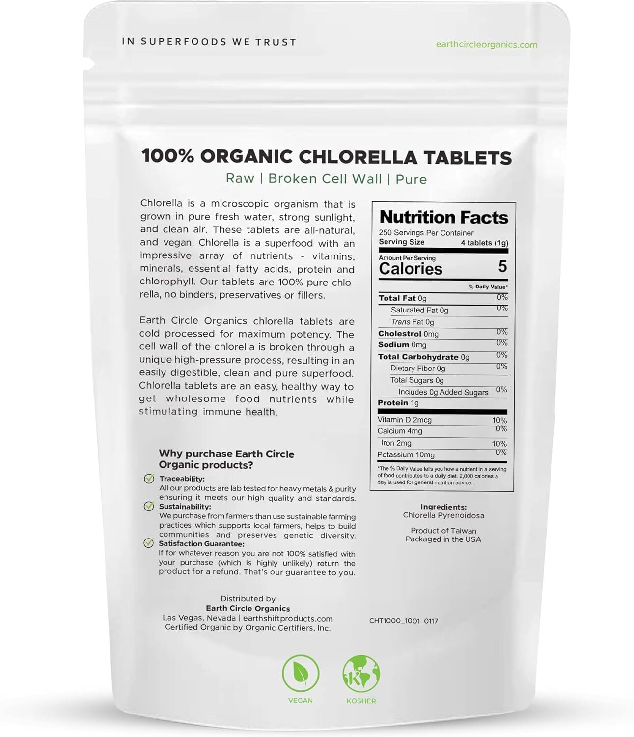 Earth Circle Organics Organic Chlorella Tablets 1000 Tablets
