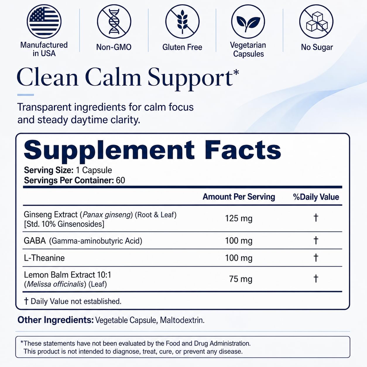 Stellar Secret Relaxing Calm Energy Capsules, GABA, Korean Panax Ginseng, L-Theanine & Lemon Balm, Daytime Calm Focus & Stress Support, 60 Capsules