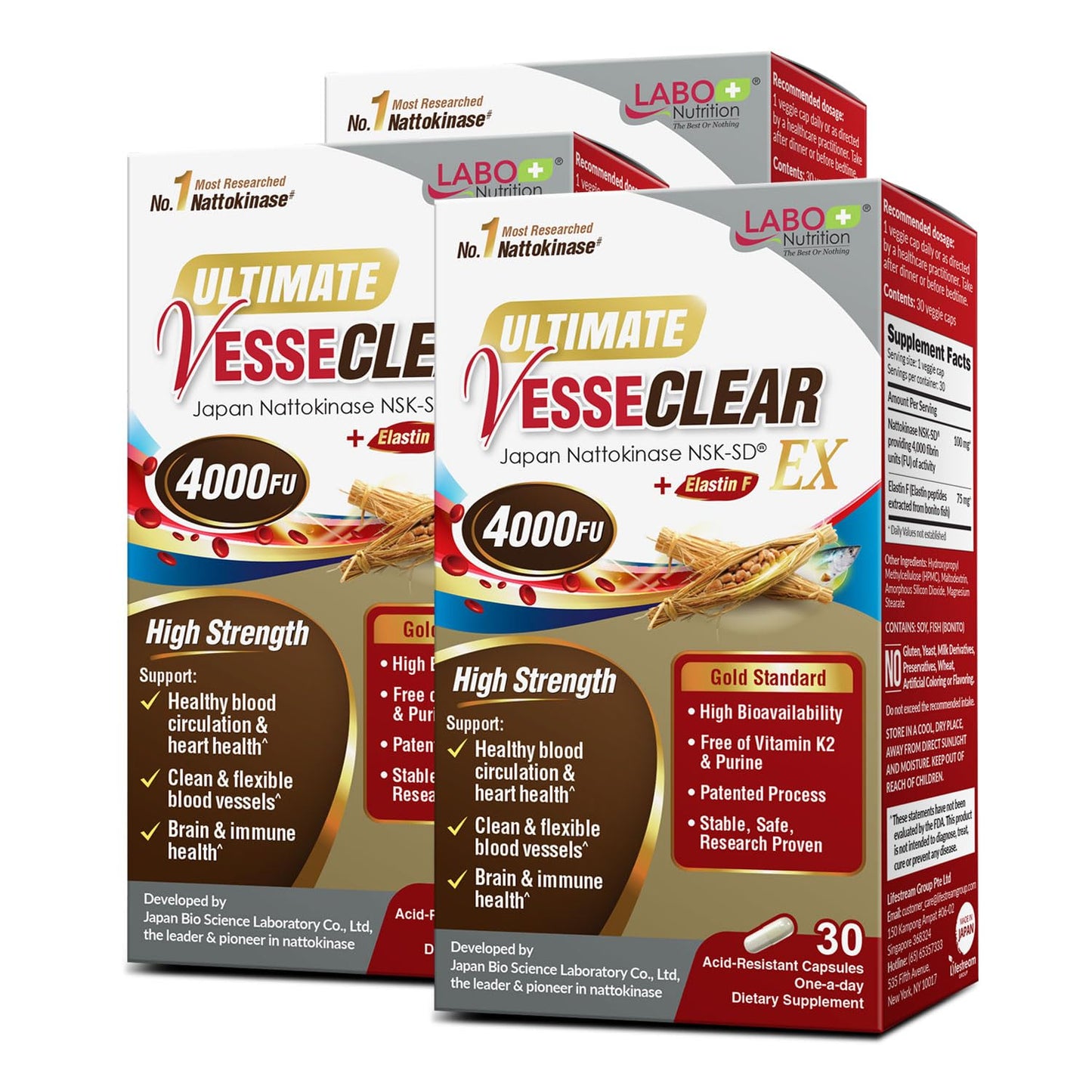 LABO Nutrition Ultimate VesseCLEAR EX 4000FU Nattokinase NSK-SD with Elastin F, Circulatory Wellness Support, Vitamin K2 & Purine Free, 90 Capsules