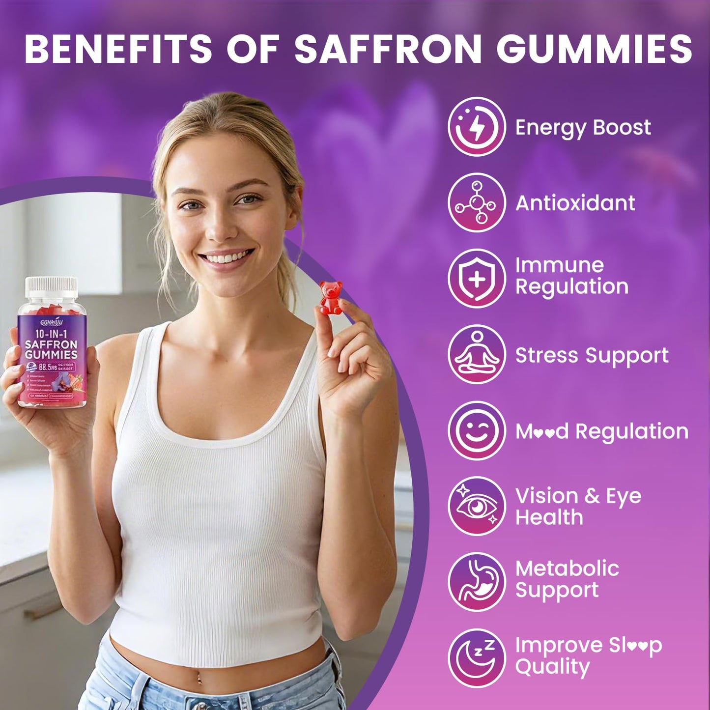 GGMMUU Saffron Gummies for Adults & Kids, Strawberry Flavor, 120 Count