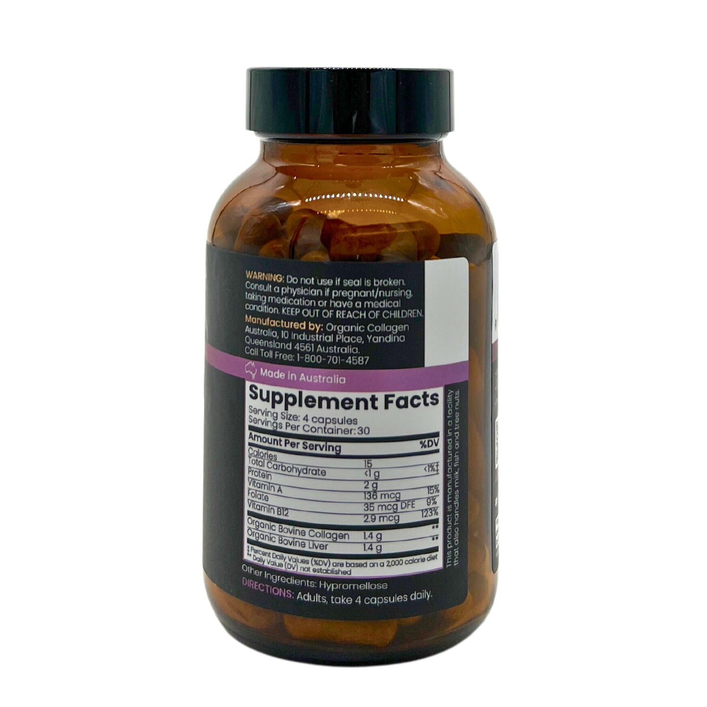 Organic Collagen Australia Pure Collagen & Liver Capsules – Muscle Strength & Vitality with Hydrolyzed Collagen, Grass-Fed Liver, and Vitamin B12, 120 Capsules