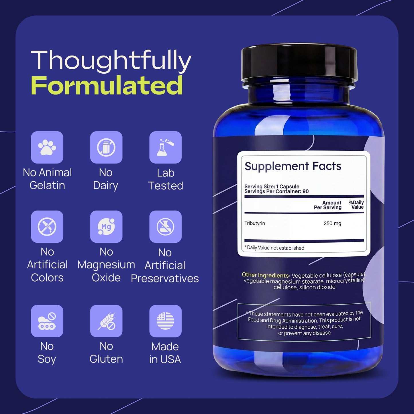 Stacked Science Tributyrin 250 mg Capsule, 90 Count