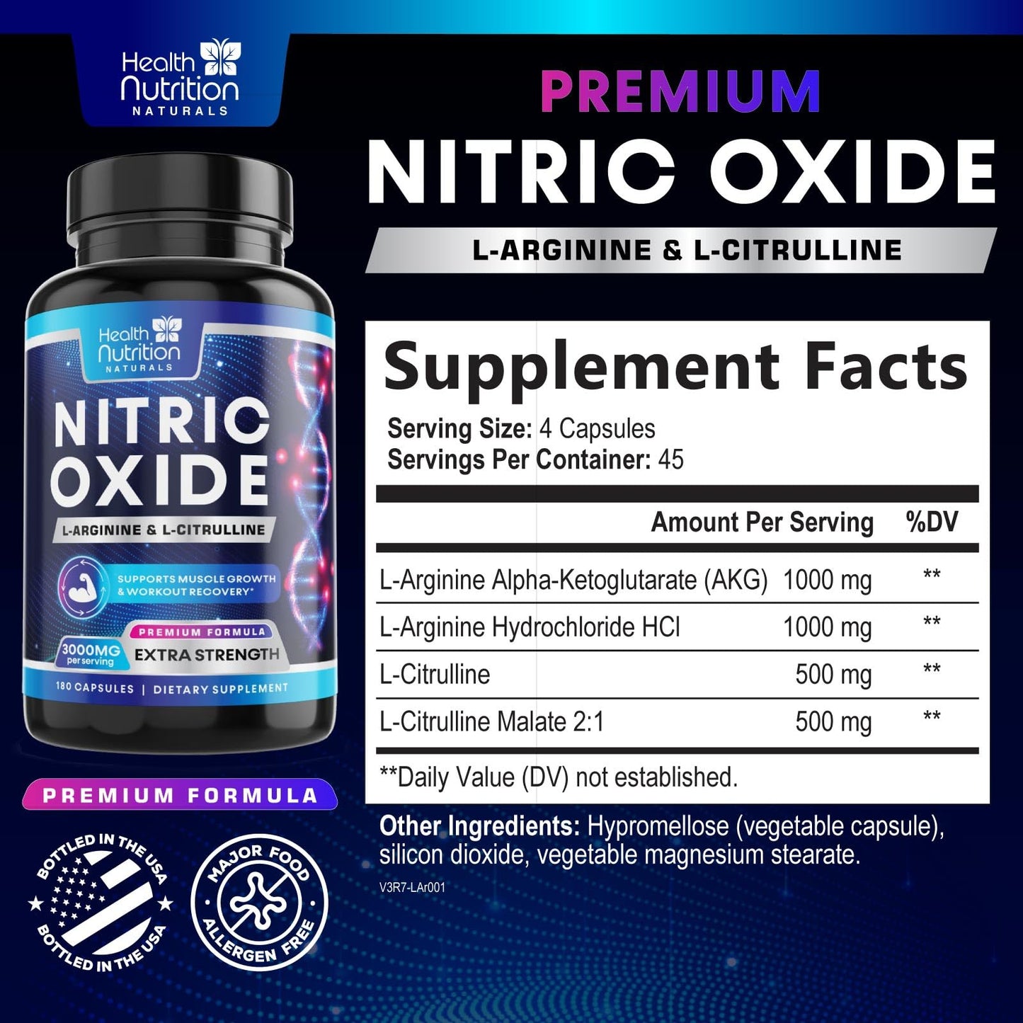 Health Nutrition Naturals Extra Strength Nitric Oxide Booster 180 Capsules