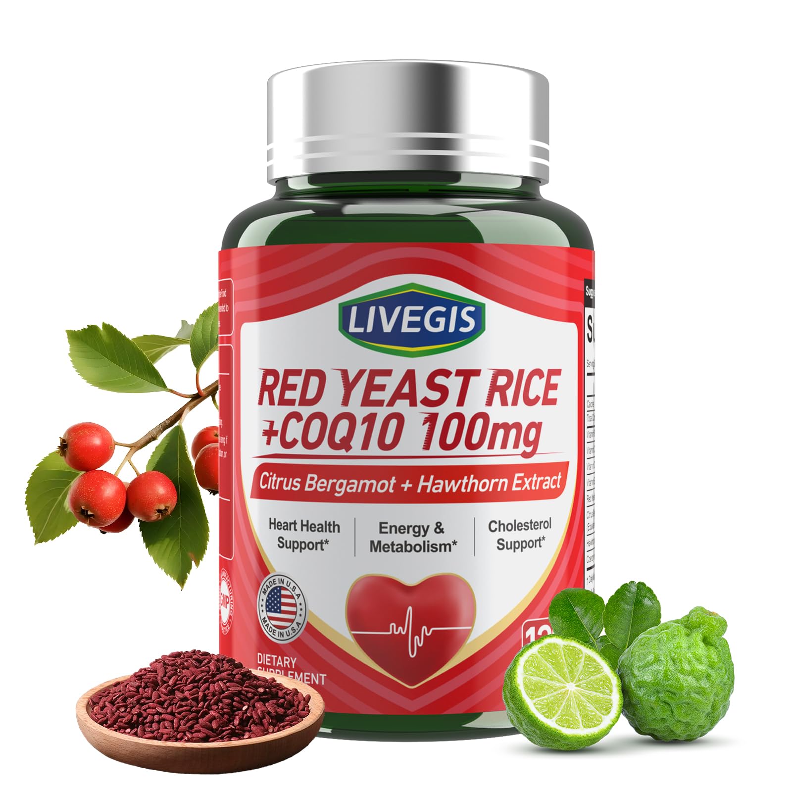 LIVEGIS Red Yeast Rice 2000mg with CoQ10 100mg - Citrinin Free Heart Health Supplement with Citrus Bergamot & Hawthorn - Supports Healthy Cholesterol Levels - Vegan, Non-GMO Capsules 90 Count