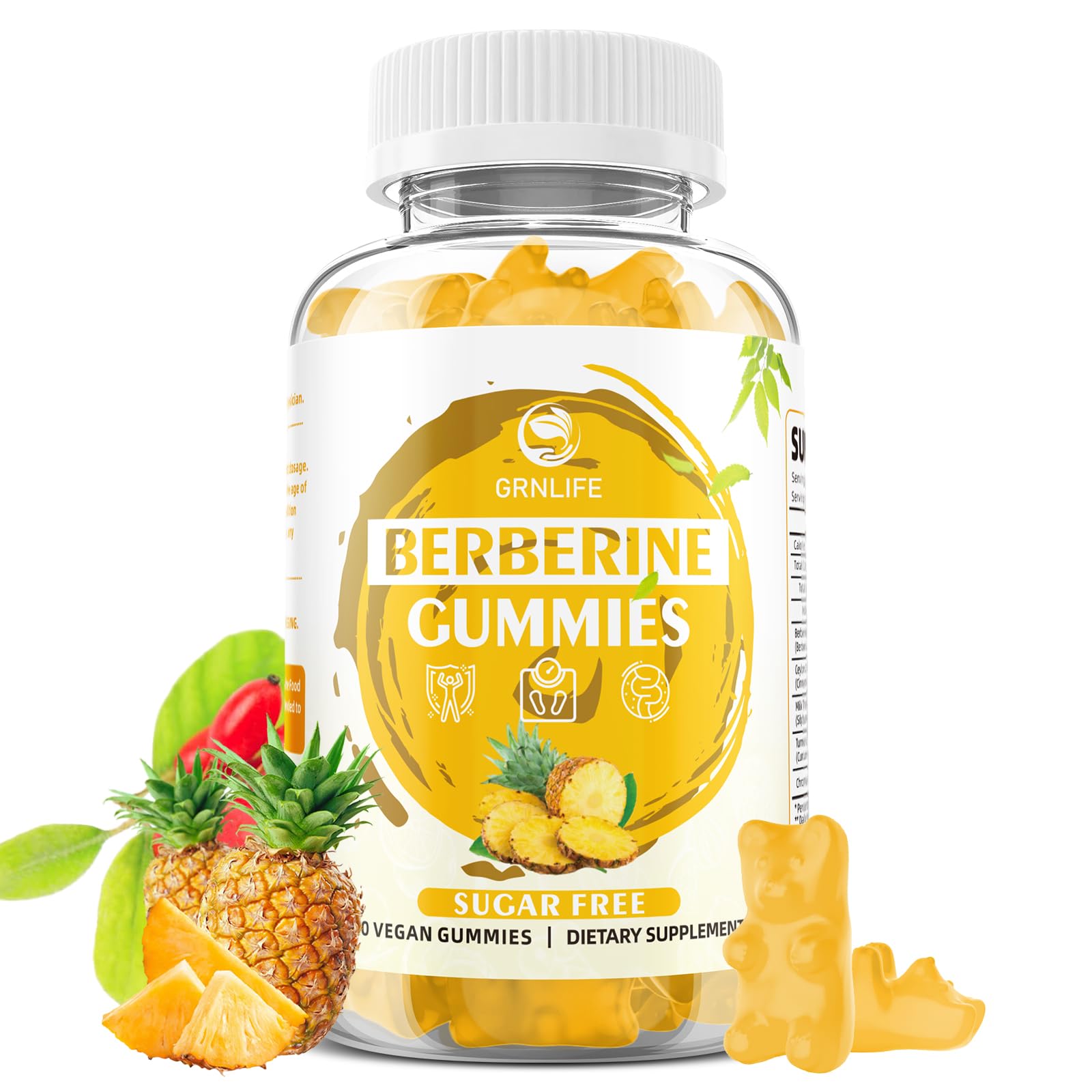 GrnLife Berberine Gummies with Ceylon Cinnamon, High Potency Berberine HCL, Immune & Metabolism Support, Sugar Free Pineapple Flavor, 60 Count