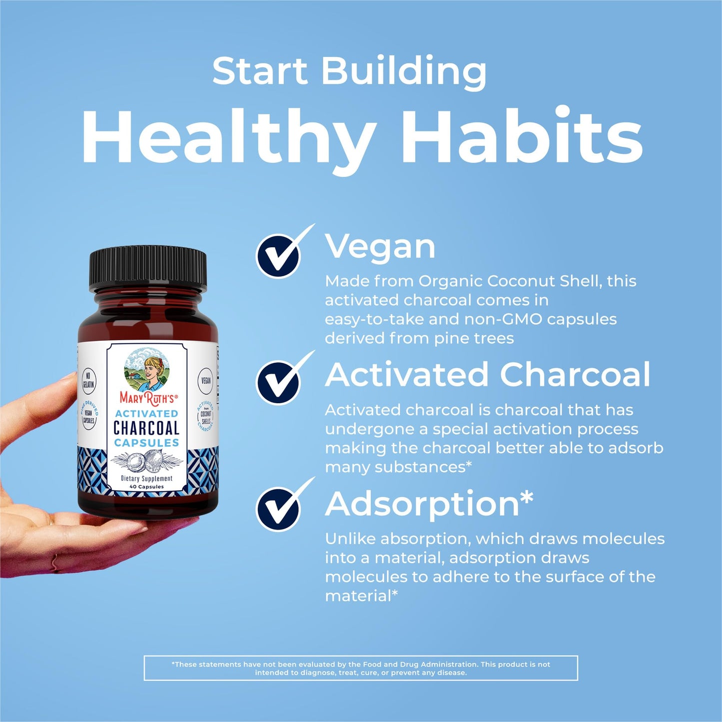 MARYRUTH'S Activated Charcoal 950 mg Capsules, 40 Count