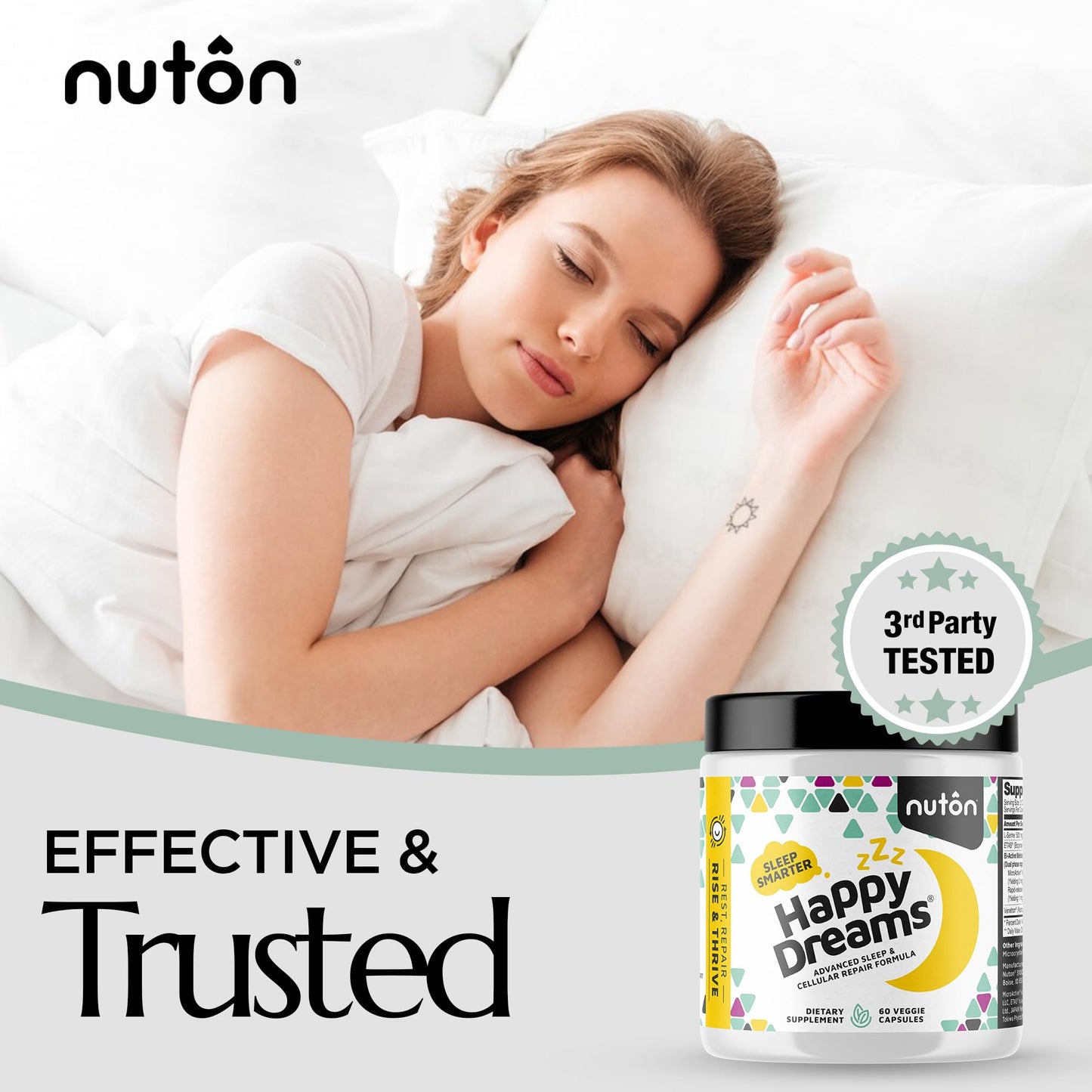 Nuton Happy Dreams Natural Sleep Aid Supplement & Cellular Vitality Melatonin Sleep Aid for Adults, Time Release Formula with ETAS Asparagus, L-Serine and Venetron Extract, 60 Capsules