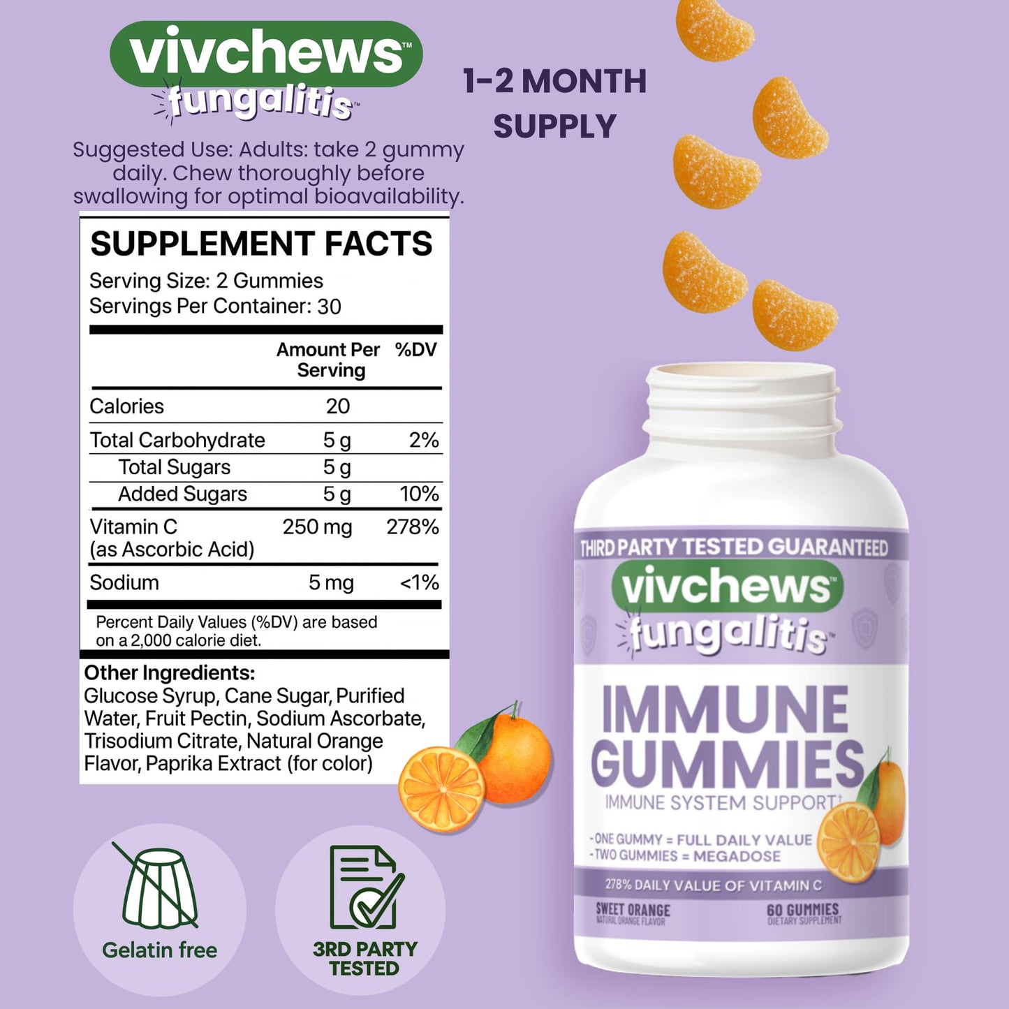 vivchews Immune Gummies Vitamin C 250mg, Non-GMO, Vegan, Natural Sweet Orange Flavor, 60 Gummies