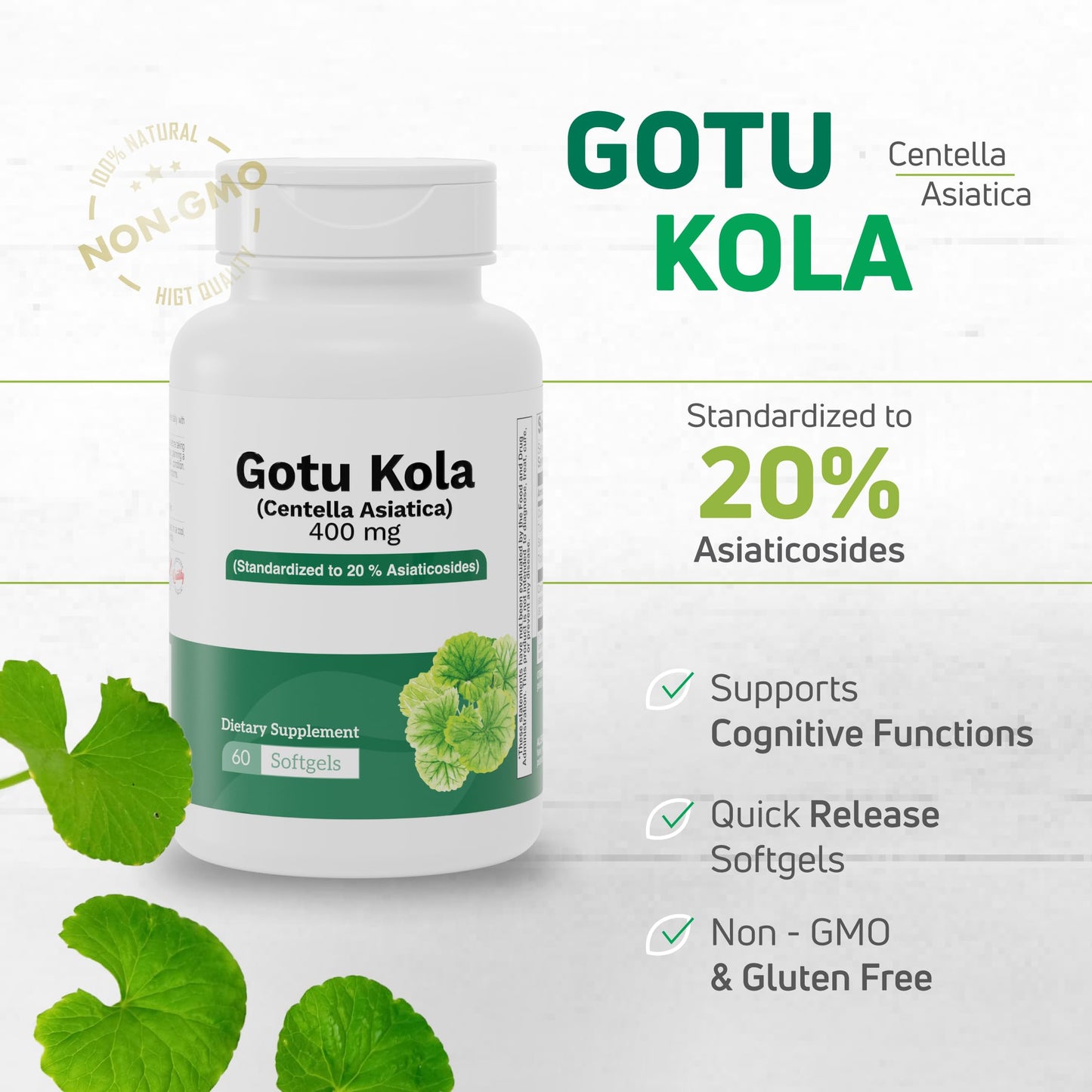 Nutra Nutrition Gotu Kola 400 mg (Centella Asiatica) – Standardized to 20% Asiaticosides – Supports Circulation, Cognitive Function & Skin Health – 60 Capsules