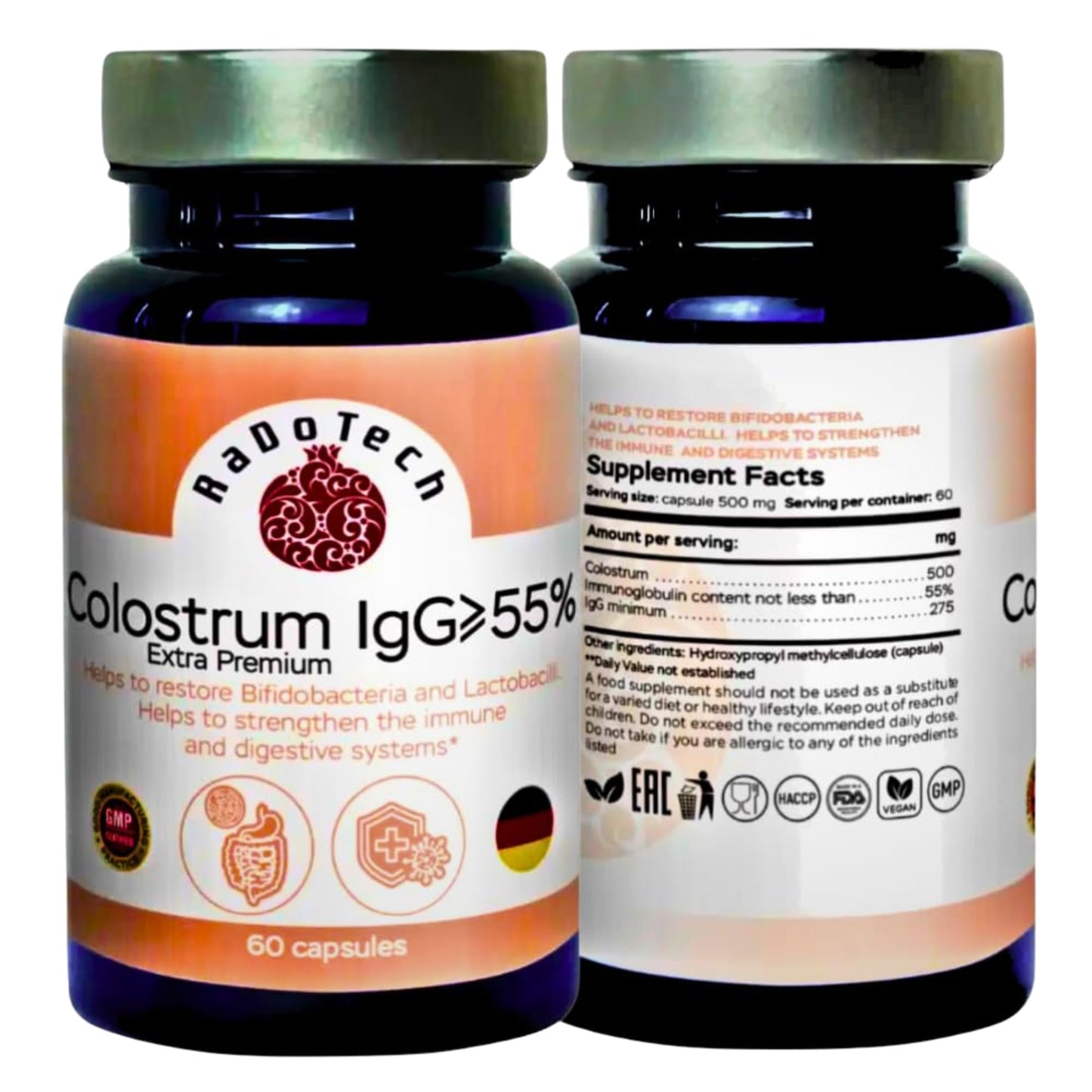 RaDoTech Colostrum IgG≥55% Extra Premium 500 mg Per Capsule, 60 Capsules