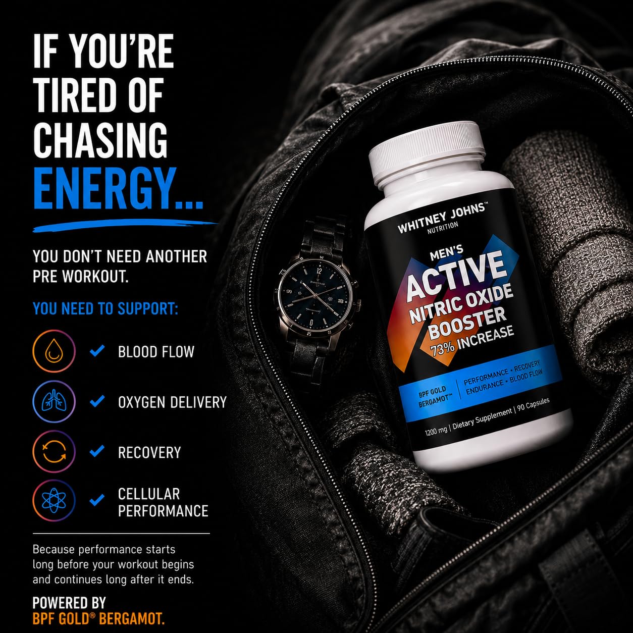 Whitney Johns Nutrition Men's Active Nitric Oxide & Blood Flow Support 90 Capsules