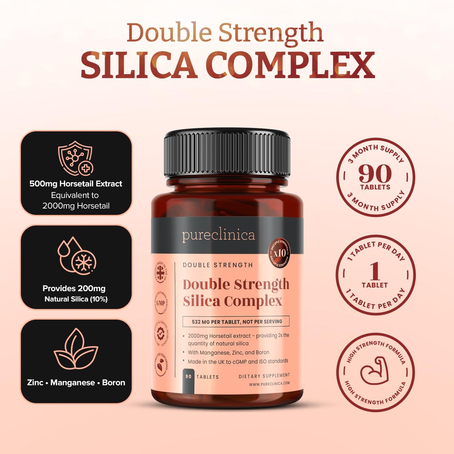 pureclinica Double Strength Silica Complex Horsetail Extract 500mg Tablet, 180 Tablets