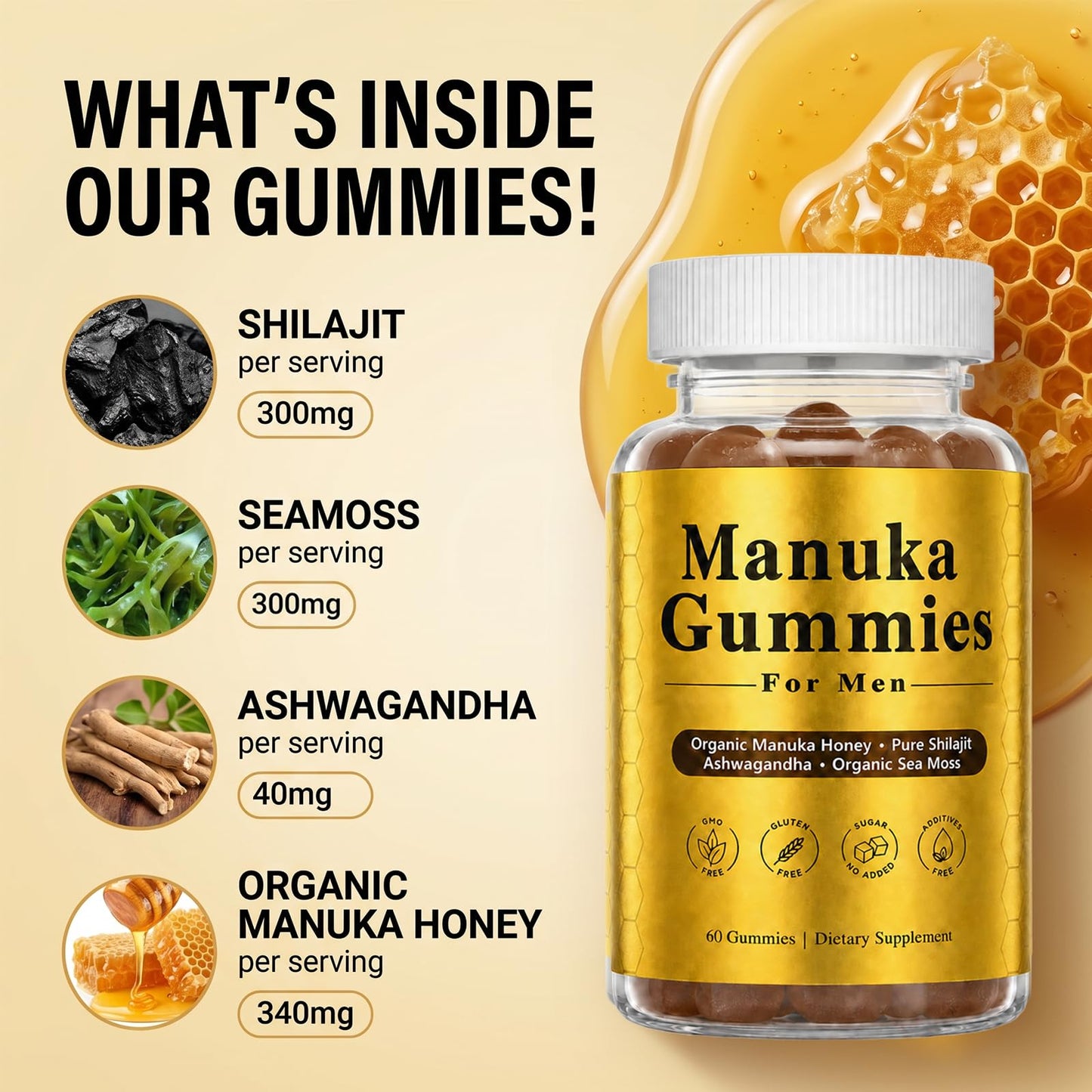 Plutarn Manuka Honey for Men with Shilajit, Ashwagandha, Sea Moss Gummy, 60 Gummies