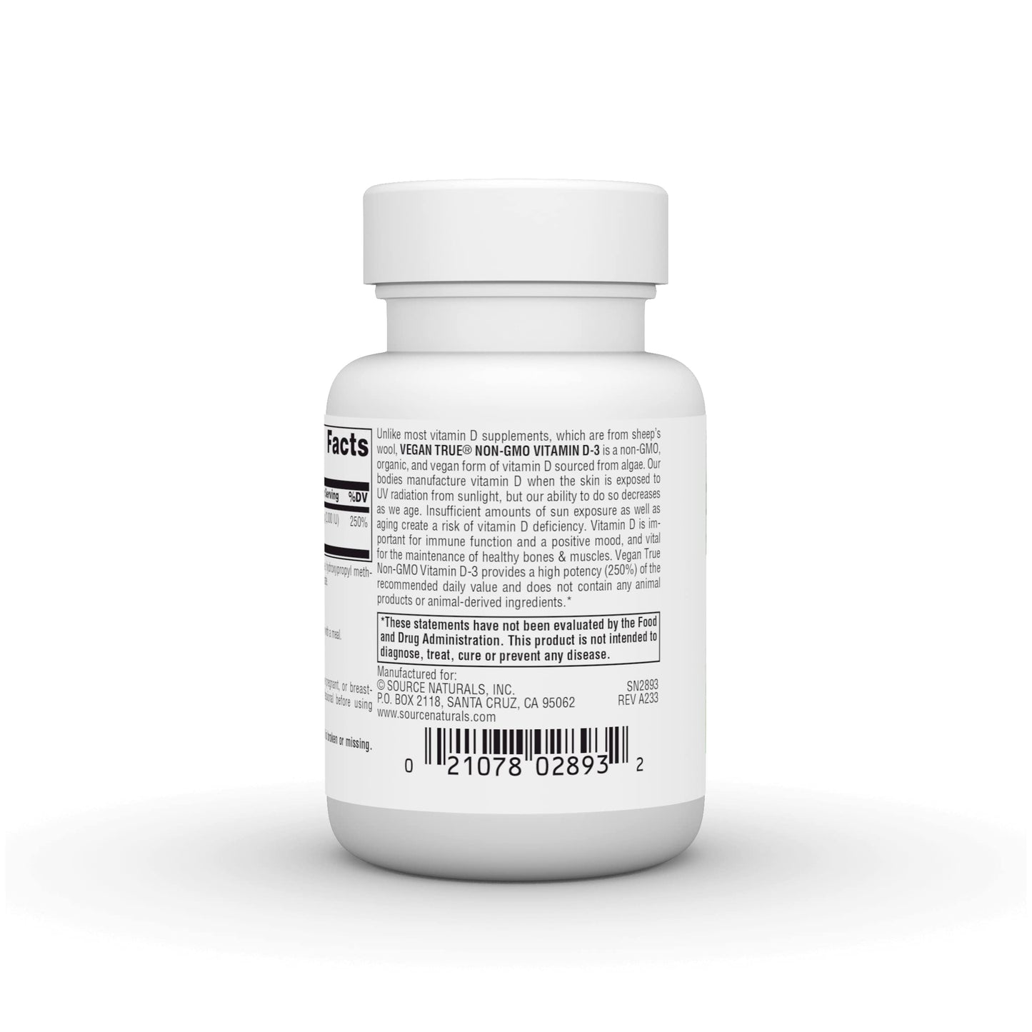 Source Naturals Vegan True, Non-GMO Vitamin D-3, 2000 IU Capsule, 30 Capsules