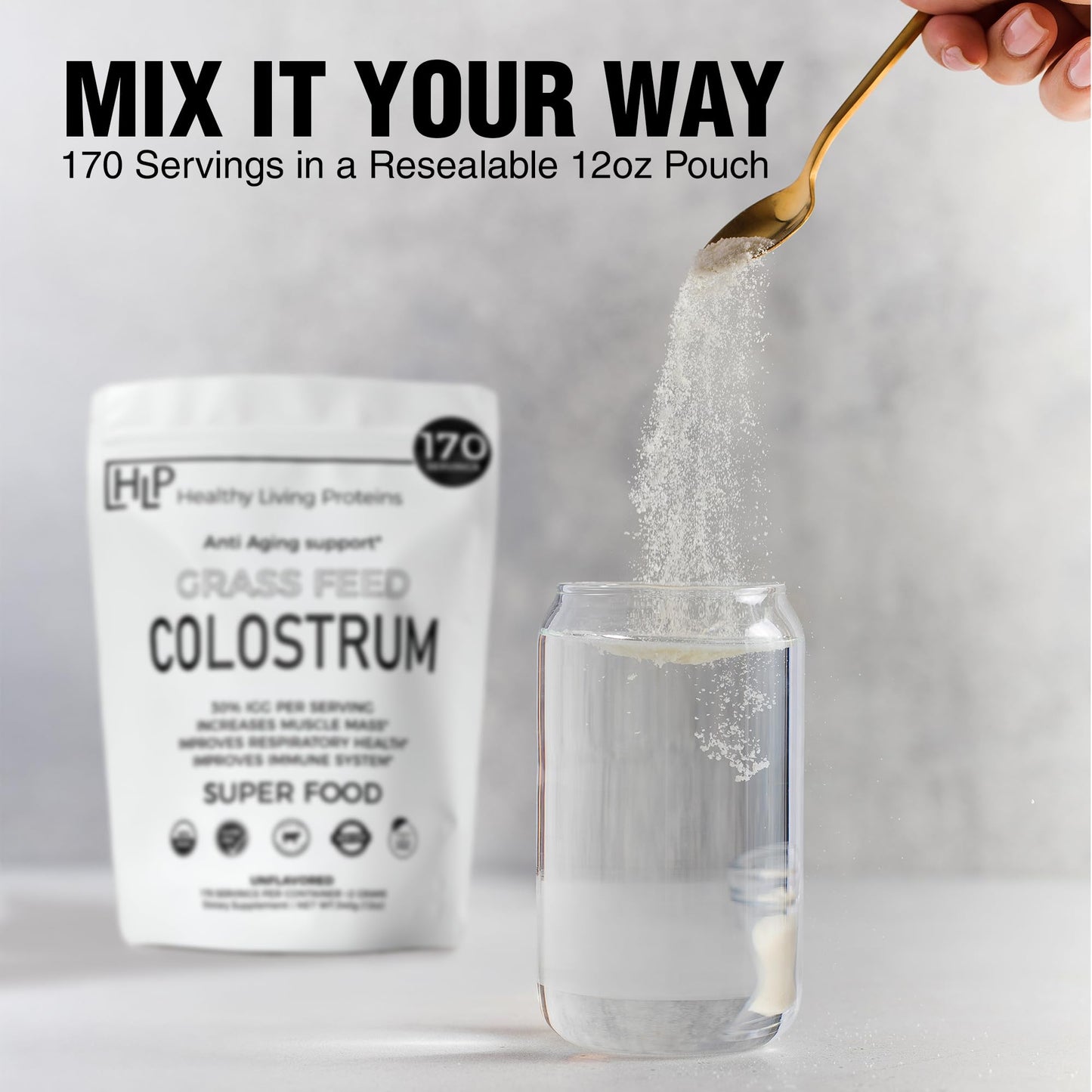 HLP Healthy Living Proteins Grass Fed Colostrum Powder, 12oz, 170 Servings