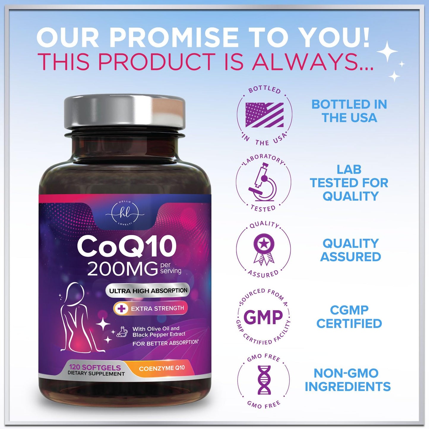 Hello Lovely! Coenzyme Q10 200mg per Serving Softgels, 120 Count