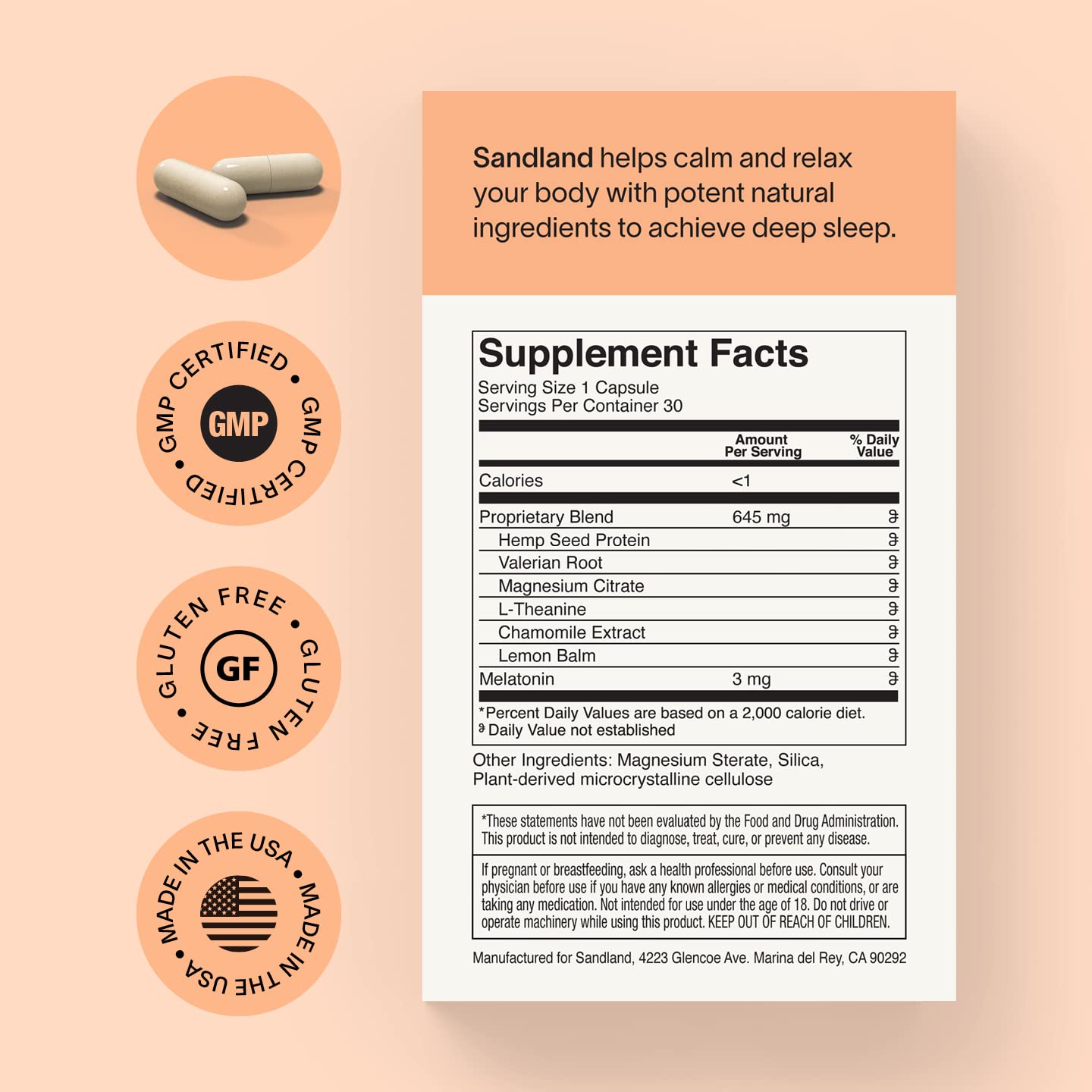 Sandland Deep Sleep with Melatonin Natural Daily Sleep Supplement Capsule, 30 Count