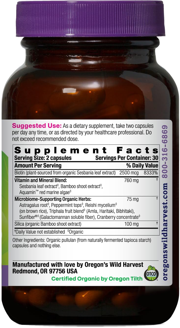 Oregon's Wild Harvest Biotin & Silica USDA Certified Organic Vegan Capsules for Hair, Skin & Nail Support Non-GMO, 60 Capsules