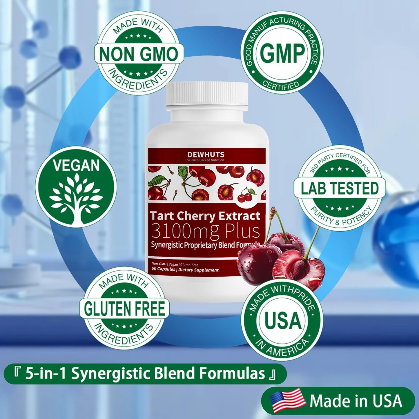 Dewhuts 5 in 1 Tart Cherry Extract 3100mg with Bromelain & Chanca Piedra Capsules, 60 Count