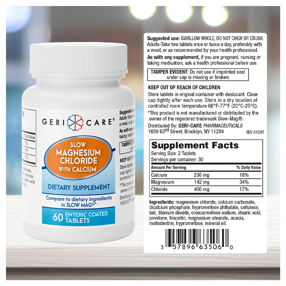 GeriCare Slow Magnesium Chloride Calcium Slow-Release Enteric Coated Tablets, 120 Tablets