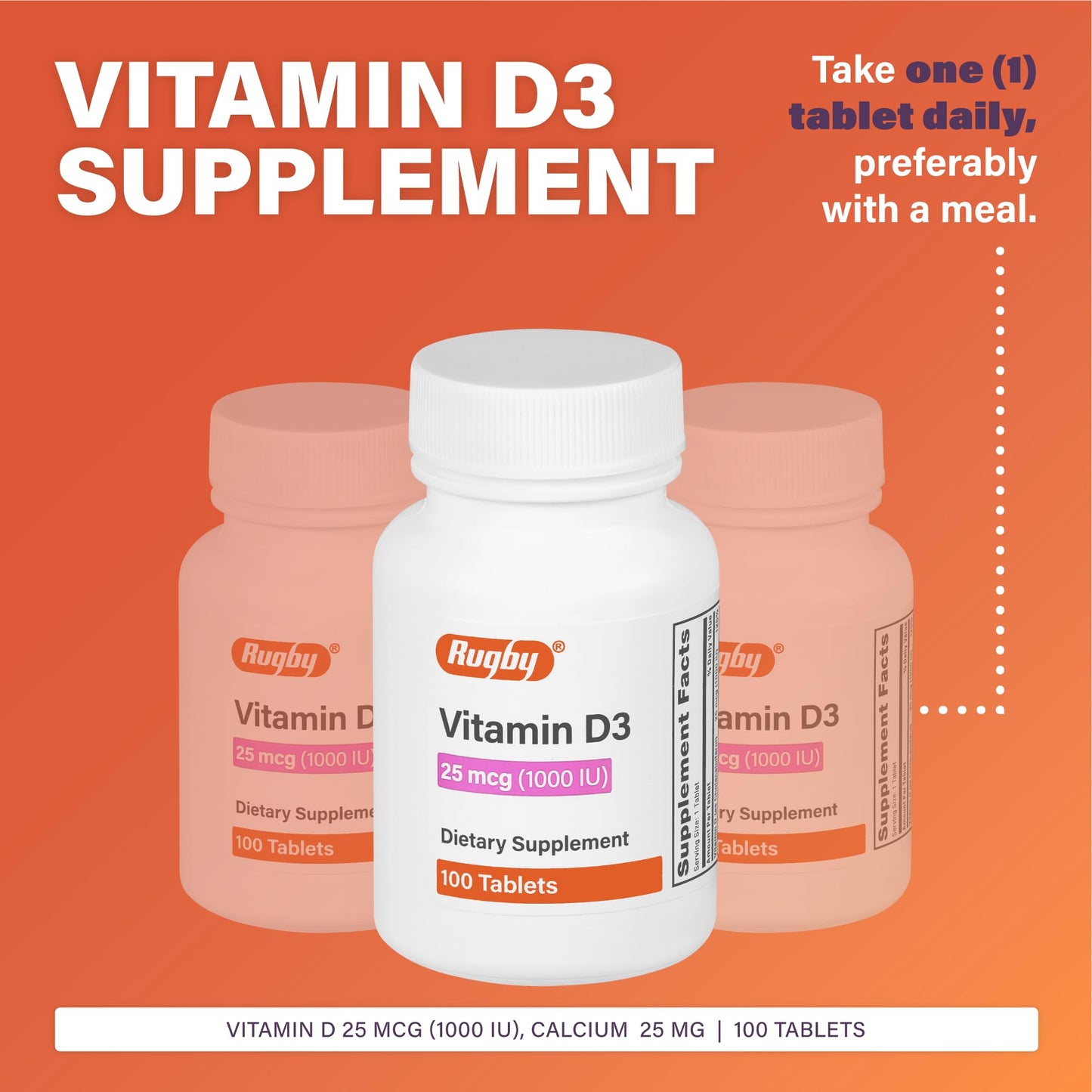 Rugby Laboratories Vitamin D3 25 mcg (1,000 IU) Tablet, 100 Tablets