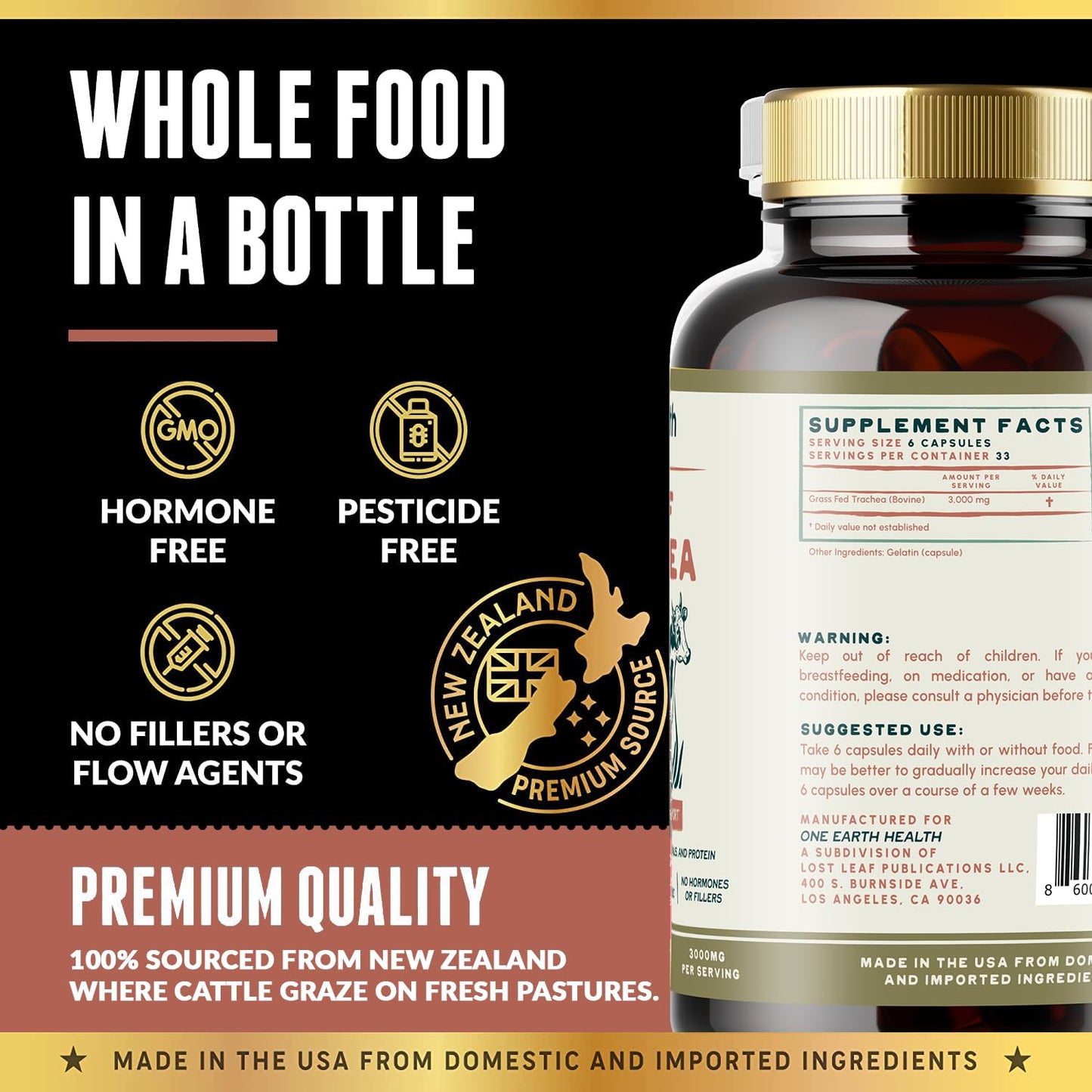 One Earth Health Grass Fed Beef Trachea Capsule, 200 Count