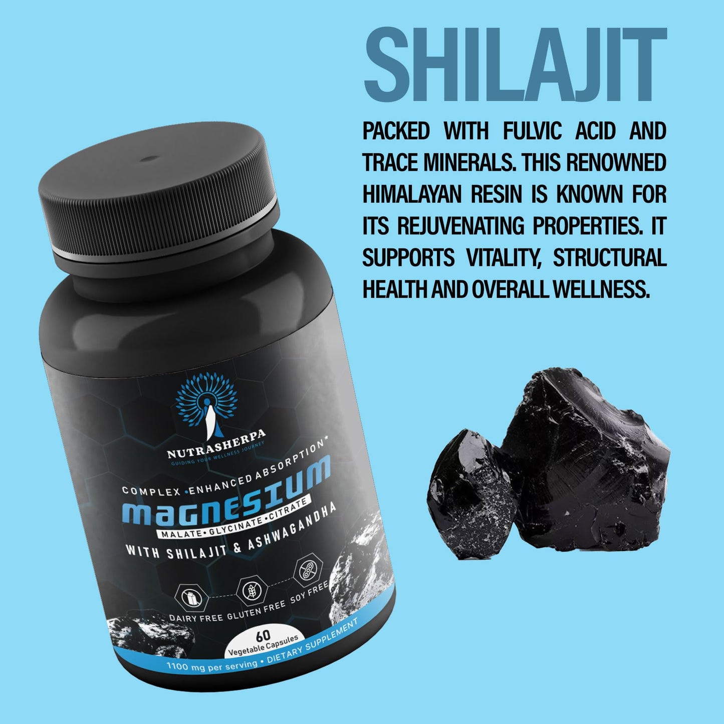 Nutrasherpa Magnesium Complex with Shilajit and Ashwagandha, 300mg Triple Magnesium Blend, Non-Buffered Formula for Absorption Capsule, 60 Count