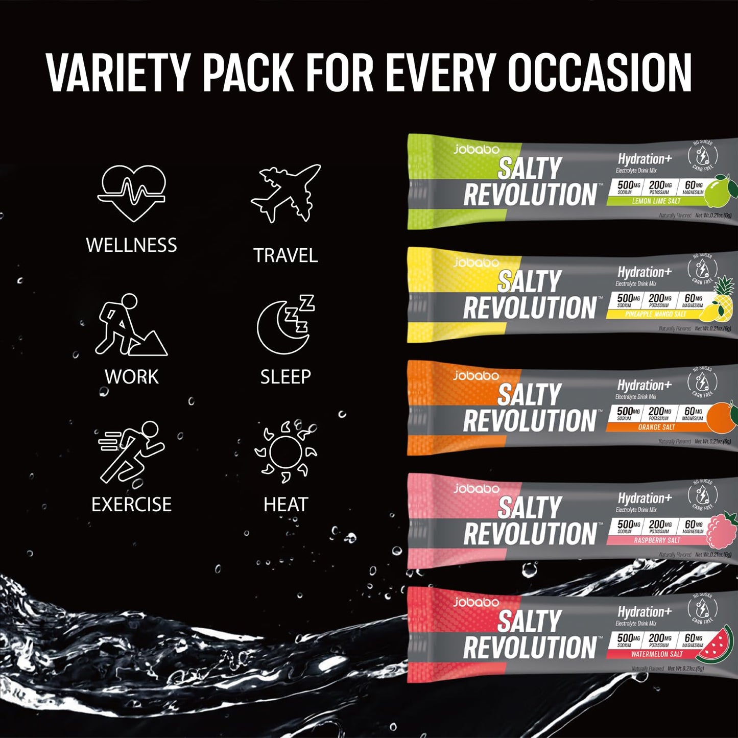 Jobabo Salty Revolution Electrolytes Powder Packets, Variety Pack, 6.35 Ounces