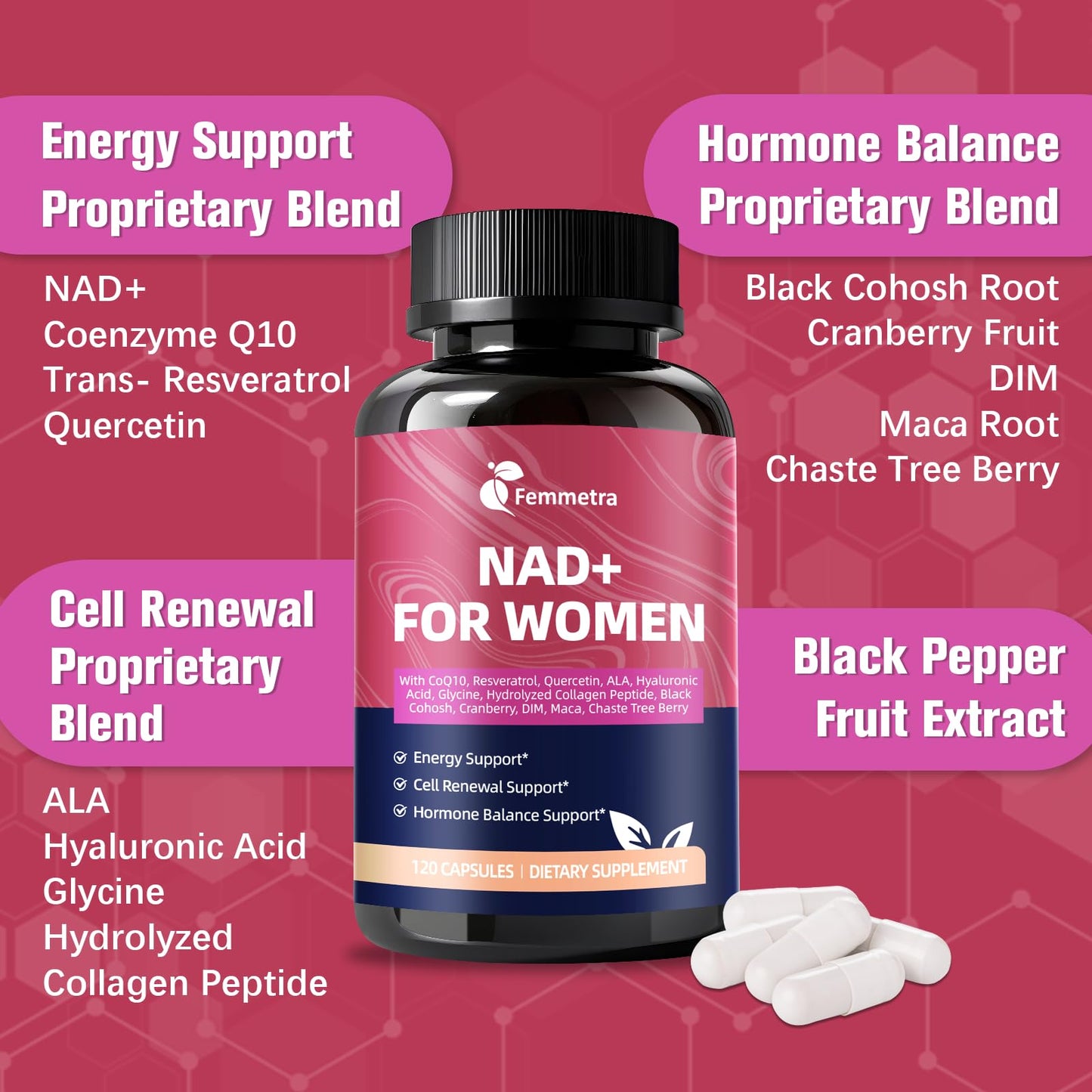 Femmetra NAD+ Supplements for Women, 120 Capsules