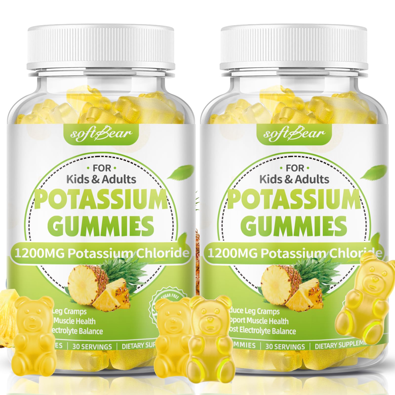 Softbear Potassium Chloride Gummies 1200mg, Sugar-Free Pineapple Flavor, 120 Gummies