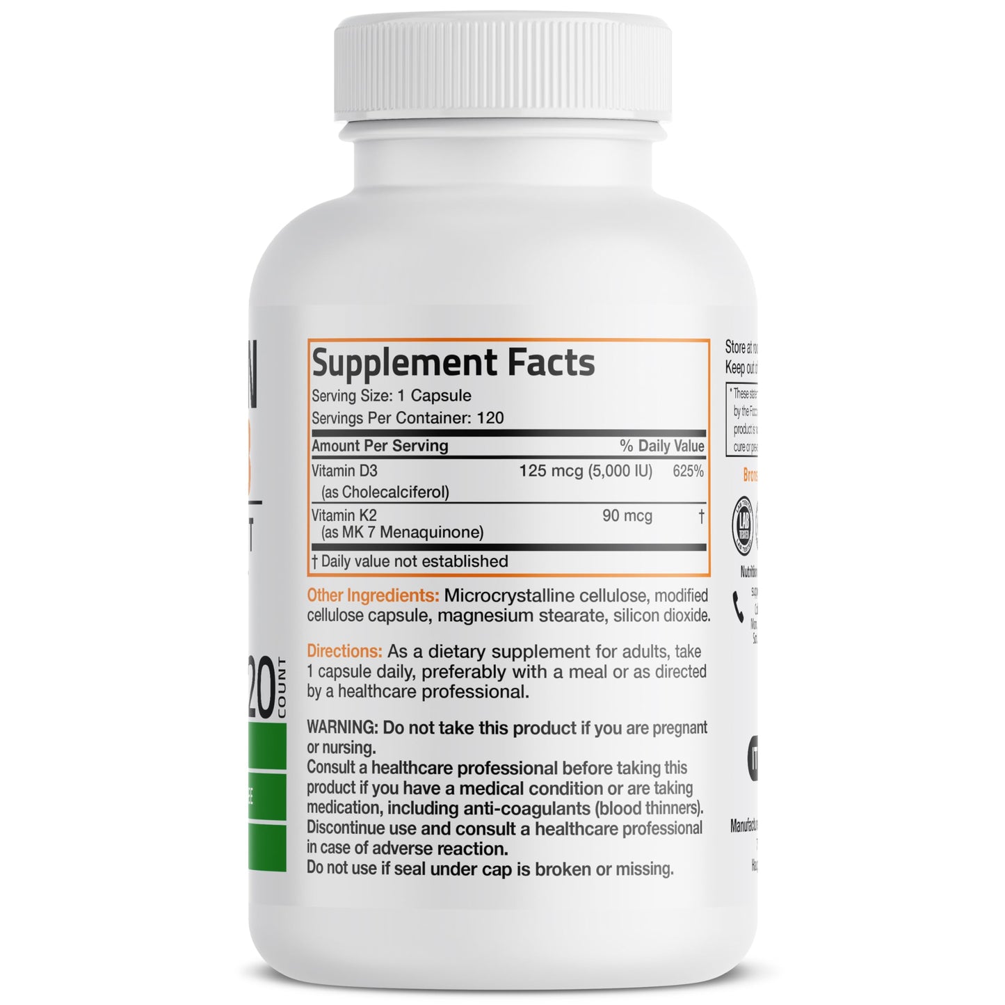 Bronson Vitamin K2 D3 (MK7) Supplement 2-in-1 D3 & K2 Complex Capsule, 120 Count