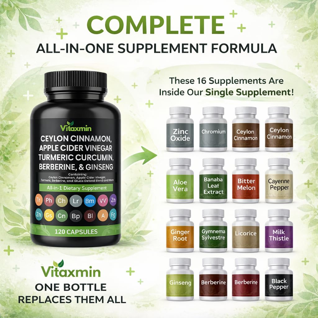 Vitaxmin Ceylon Cinnamon Capsules with Berberine, Apple Cider Vinegar, Turmeric Curcumin, Chromium, Gymnema Sylvestre, Ginseng Daily Wellness Supplement, 120 Capsules