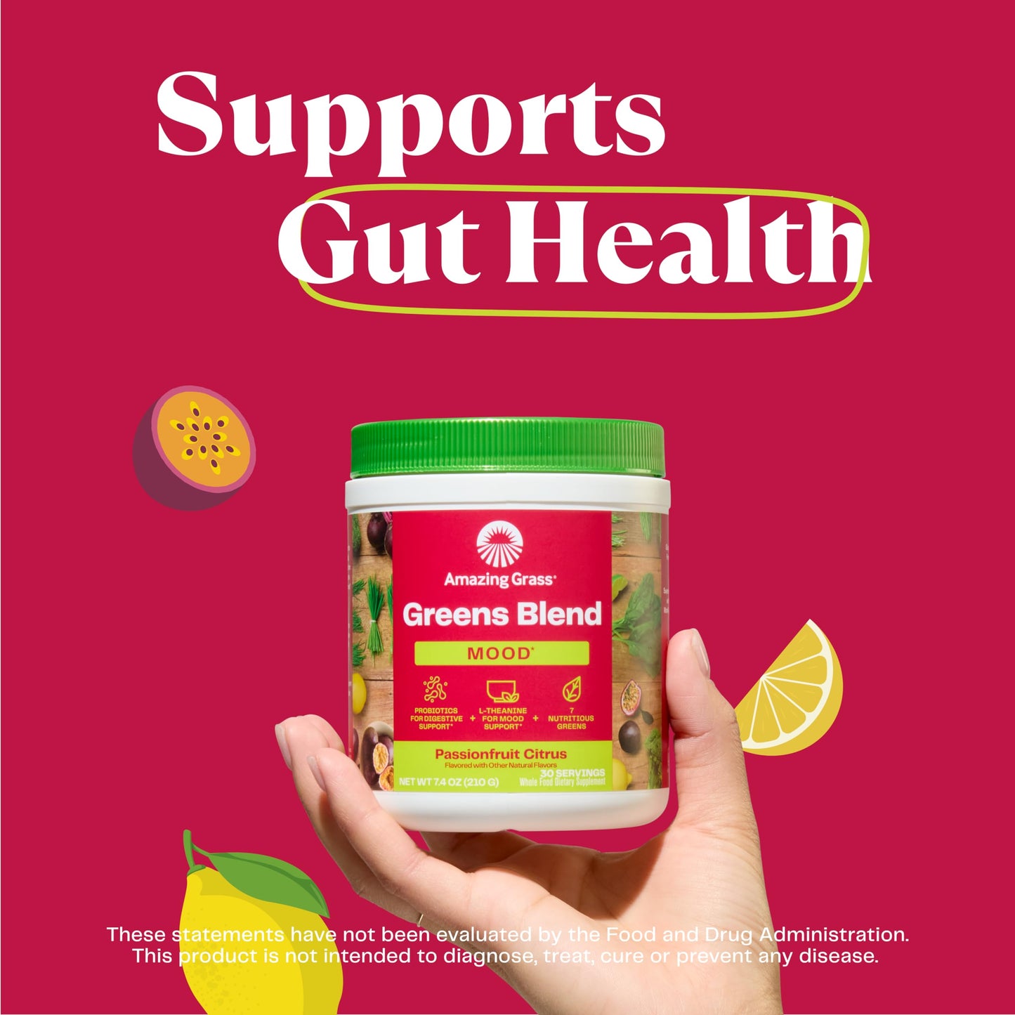 Amazing Grass Greens Blend Mood, Super Greens Powder Smoothie Mix for Stress Support, L-Theanine, Relaxation, Spirluna, Probiotics, Passionfruit Citrus, 7.4 Ounce Powder